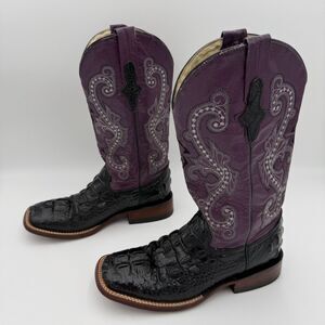 Ferrini Rancher Caiman Print Boots Handcrafted Black purple crocodile Women sz 7